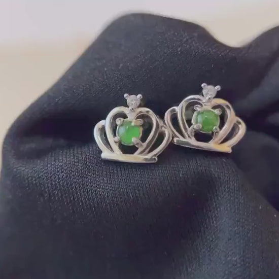 Natural Myanmar Green Jade Crown Earrings in Silver