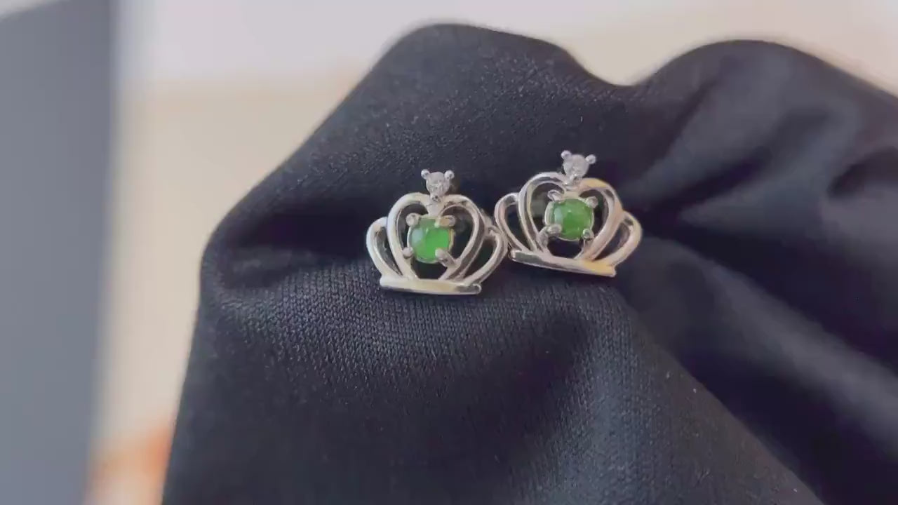 Natural Myanmar Green Jade Crown Earrings in Silver