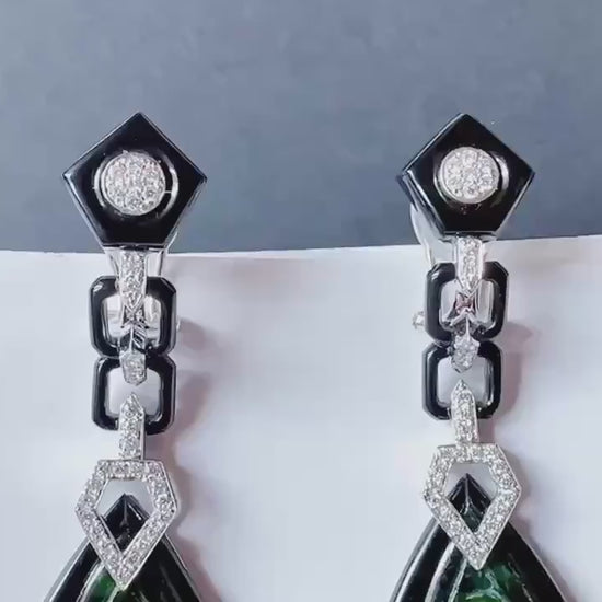 Natural Intense Green Jade Carved Earrings in 18K White Gold with Black Agate and Diamonds