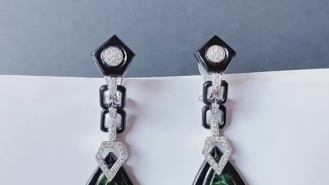 Natural Intense Green Jade Carved Earrings in 18K White Gold with Black Agate and Diamonds
