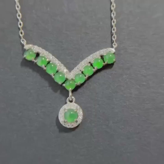 Natural Imperial Green Jade Pendant with Silver Necklace