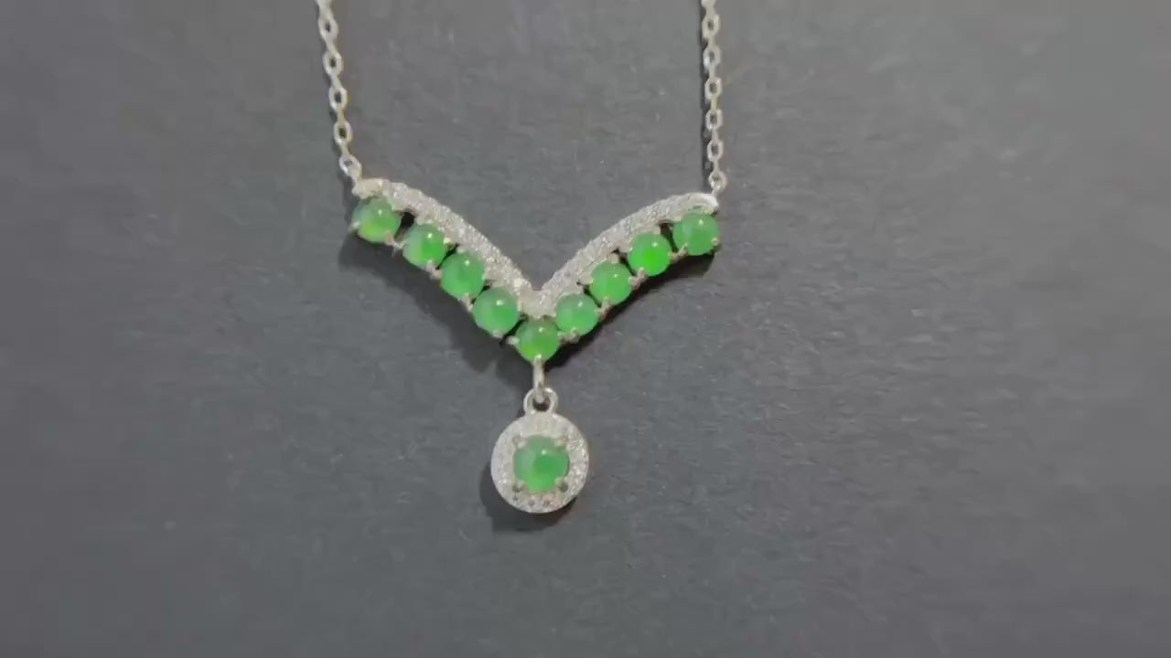 Natural Imperial Green Jade Pendant with Silver Necklace