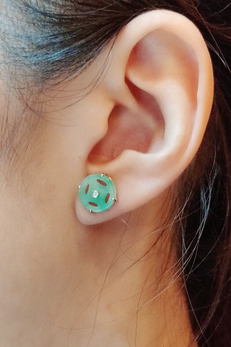 Vivid Green Jadeite Ancient Coin Ear Studs