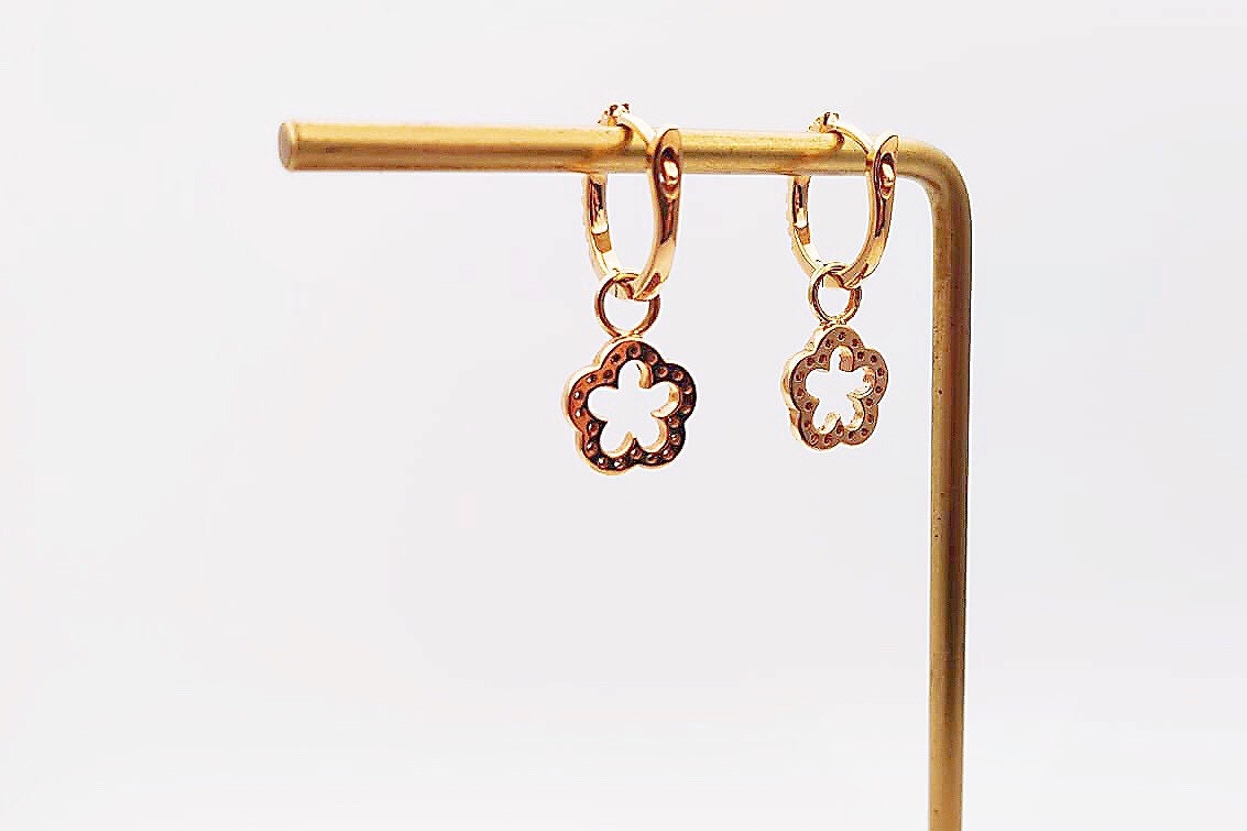 18K Rose Gold Flower Diamond Drop Earrings