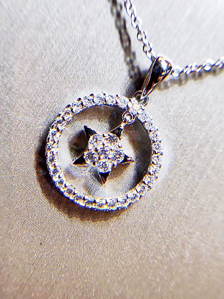 Diamond Platinum Pendant Necklace - Star and Circle Pave Halo