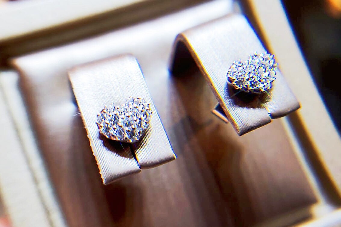 Platinum Heart Shaped Pave Diamond Ear Stud Earrings