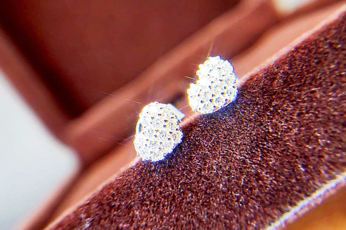 Platinum Heart Shaped Pave Diamond Ear Stud Earrings