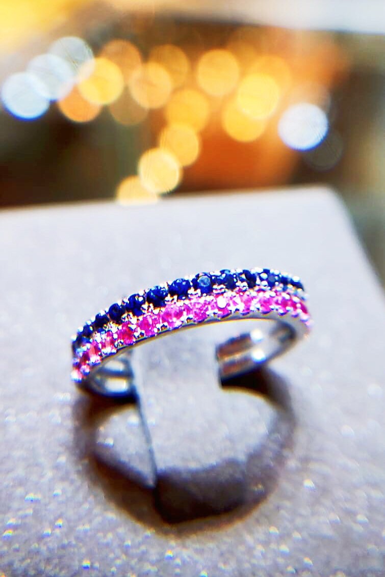 Double Blue Sapphire and Red Ruby Ring Band Set