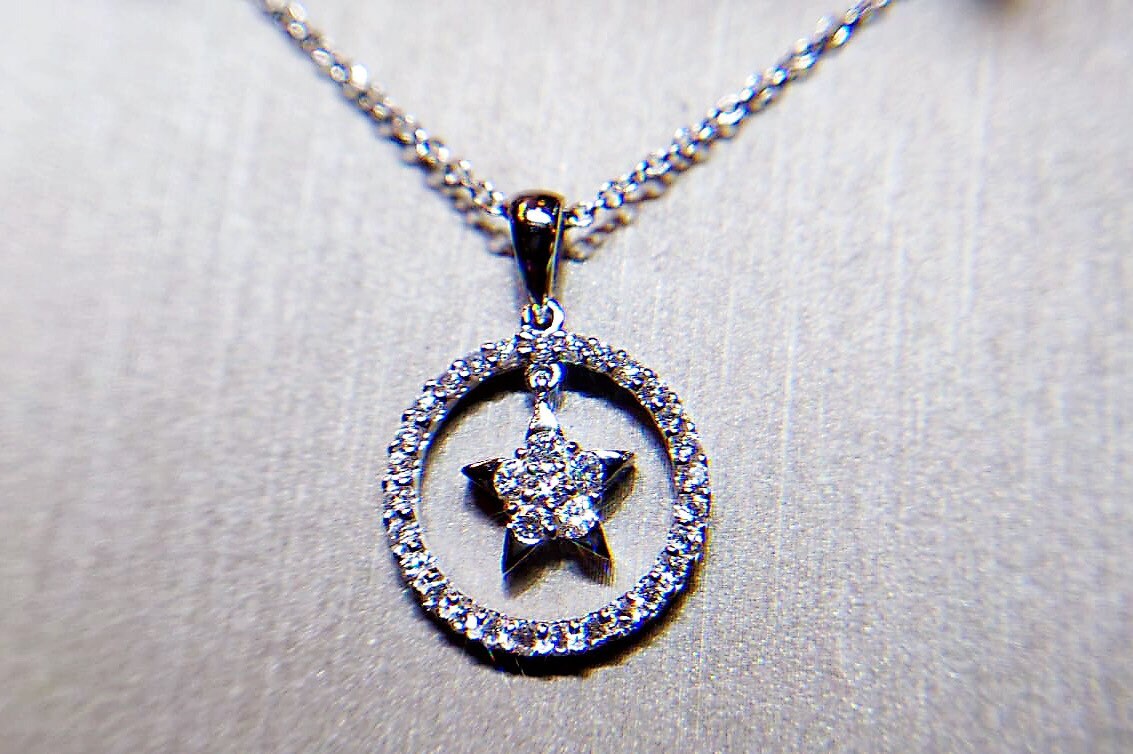 Diamond Platinum Pendant Necklace - Star and Circle Pave Halo