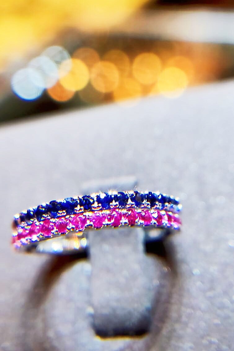 Double Blue Sapphire and Red Ruby Ring Band Set