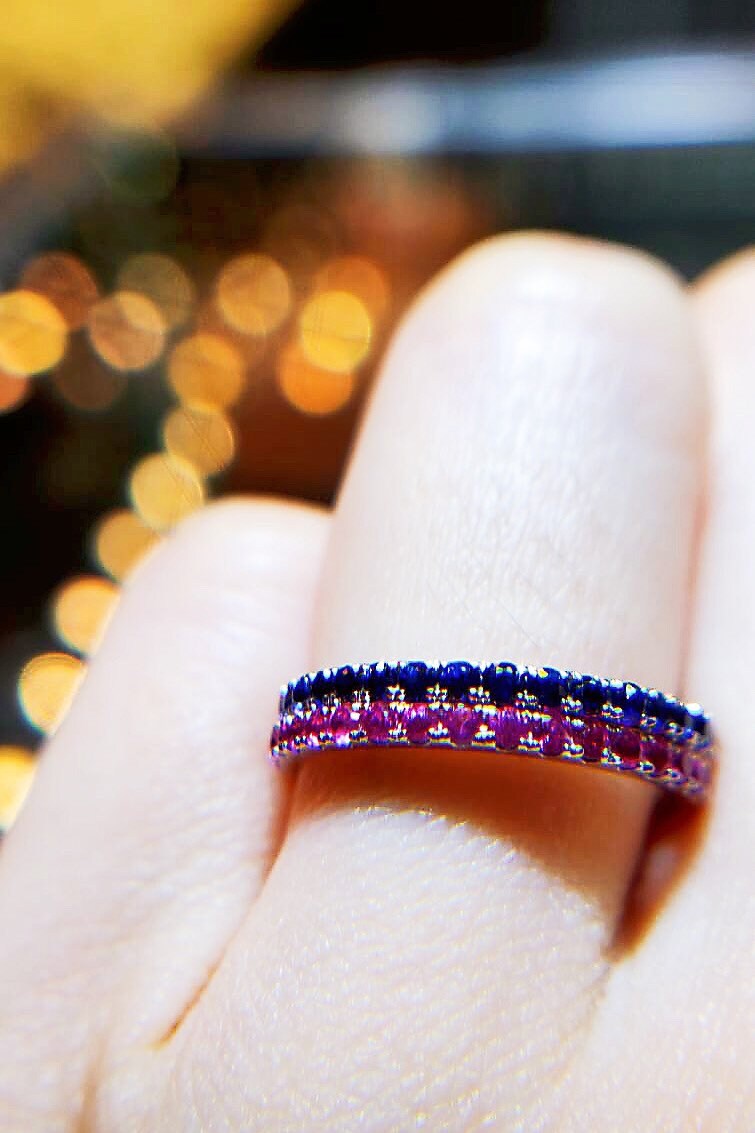 Double Blue Sapphire and Red Ruby Ring Band Set