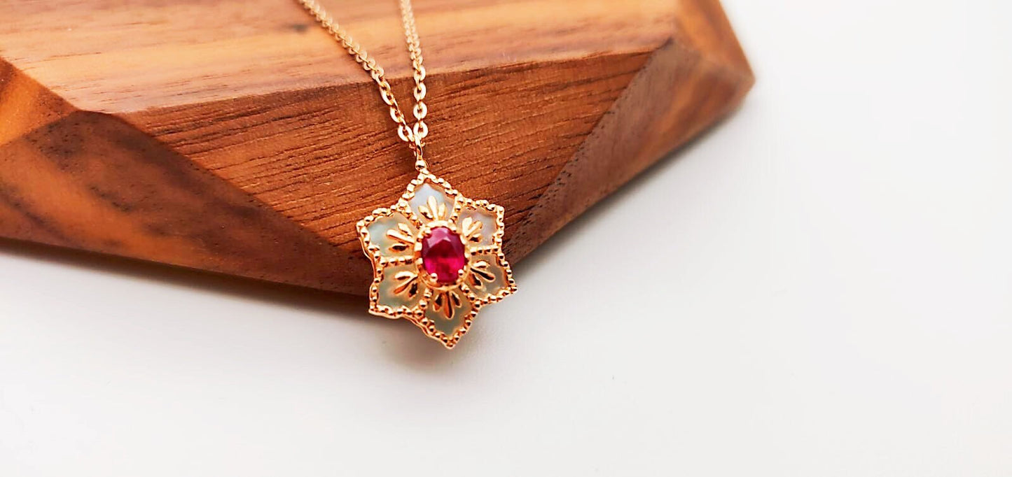 Certified Ruby  Opal Double-Sided Snowflake Pendant Necklace