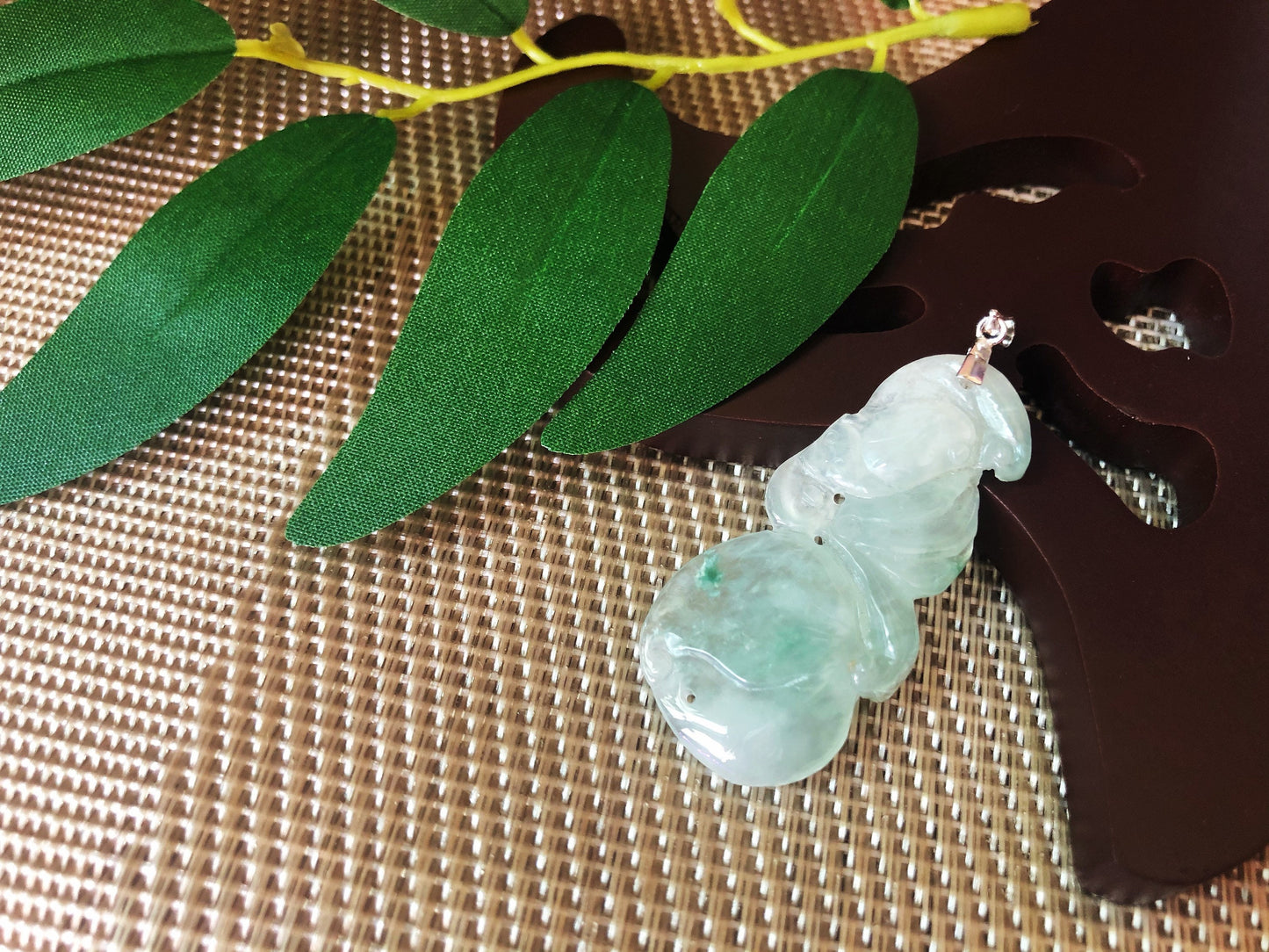 Natural Jadeite Peach  Bat Silver Necklace Pendant