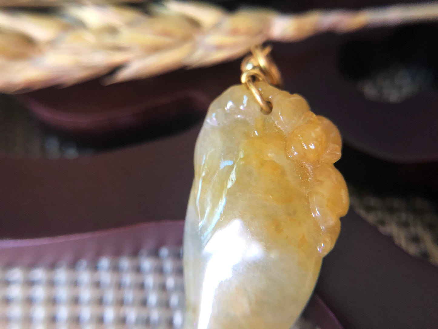 Honey Yellow Jadeite Heart Peach  Bat Longevity Jade Pendant