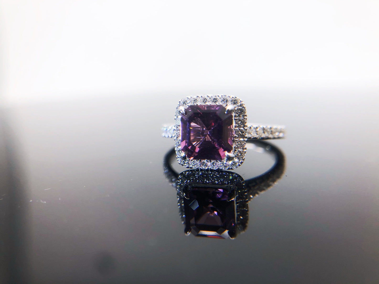 Lavender Spinel Diamond Halo Ring in 18K White Gold