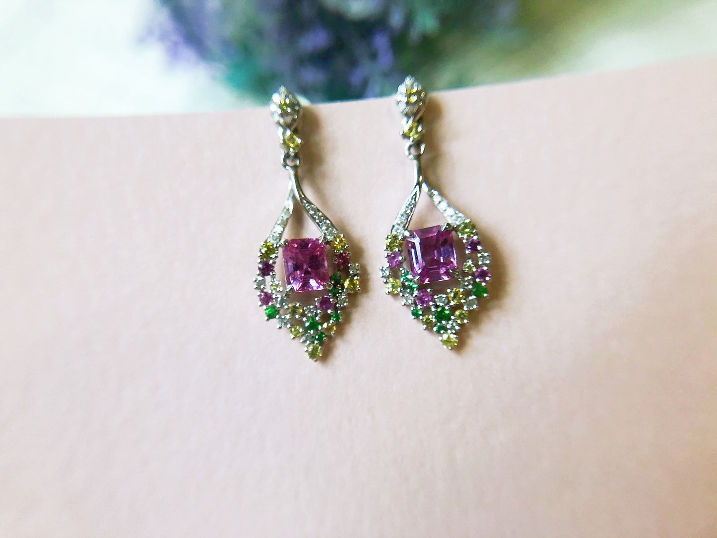 1.08 Ct Certified Padparadscha Sapphire set with Diamond, Tsavorite  in 18K White Gold Earrings