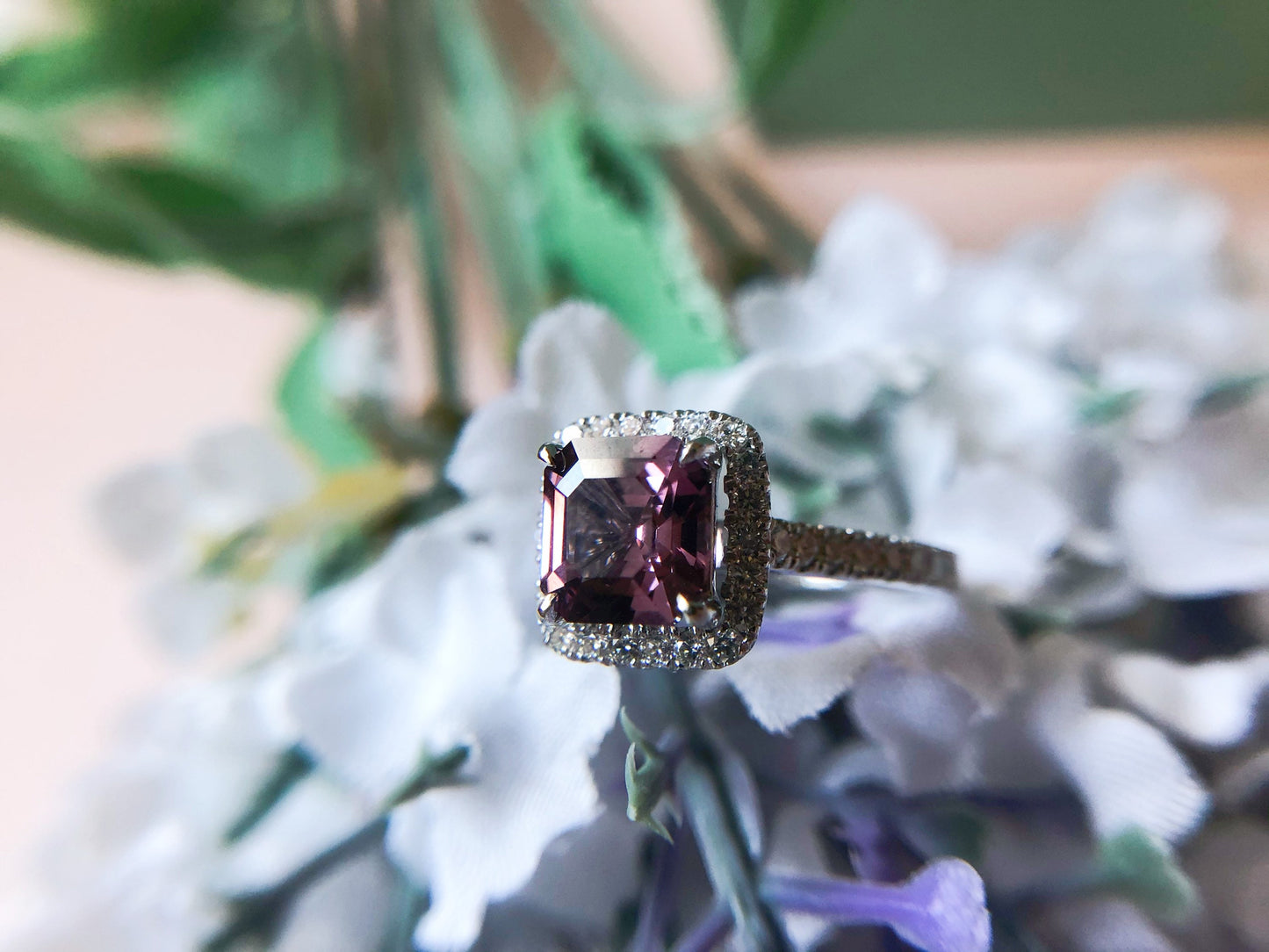 Lavender Spinel Diamond Halo Ring in 18K White Gold