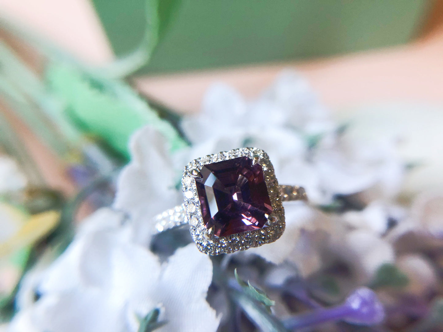 Lavender Spinel Diamond Halo Ring in 18K White Gold