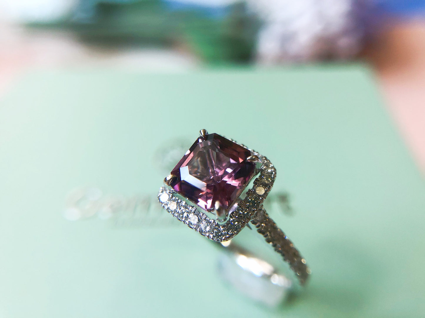 Lavender Spinel Diamond Halo Ring in 18K White Gold