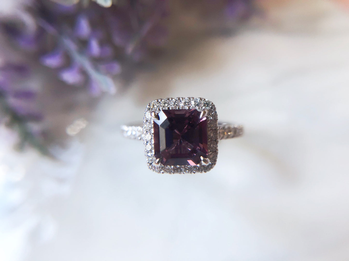 Lavender Spinel Diamond Halo Ring in 18K White Gold