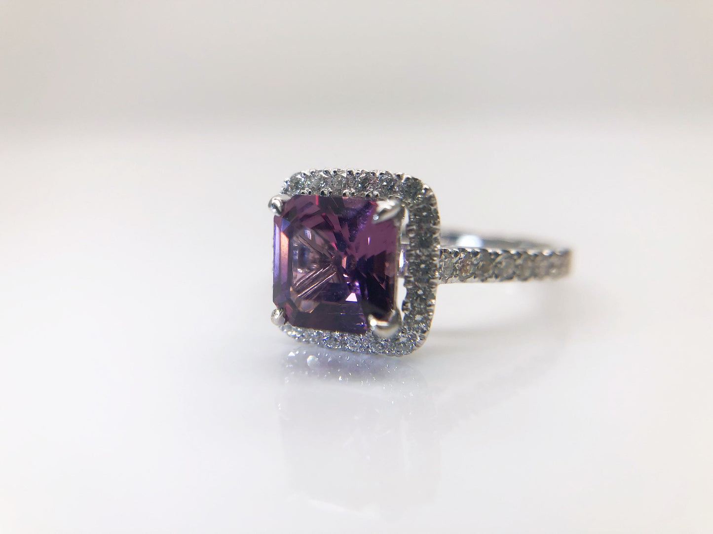 Lavender Spinel Diamond Halo Ring in 18K White Gold