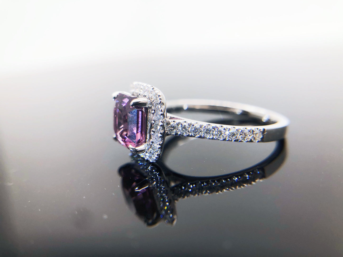 Lavender Spinel Diamond Halo Ring in 18K White Gold