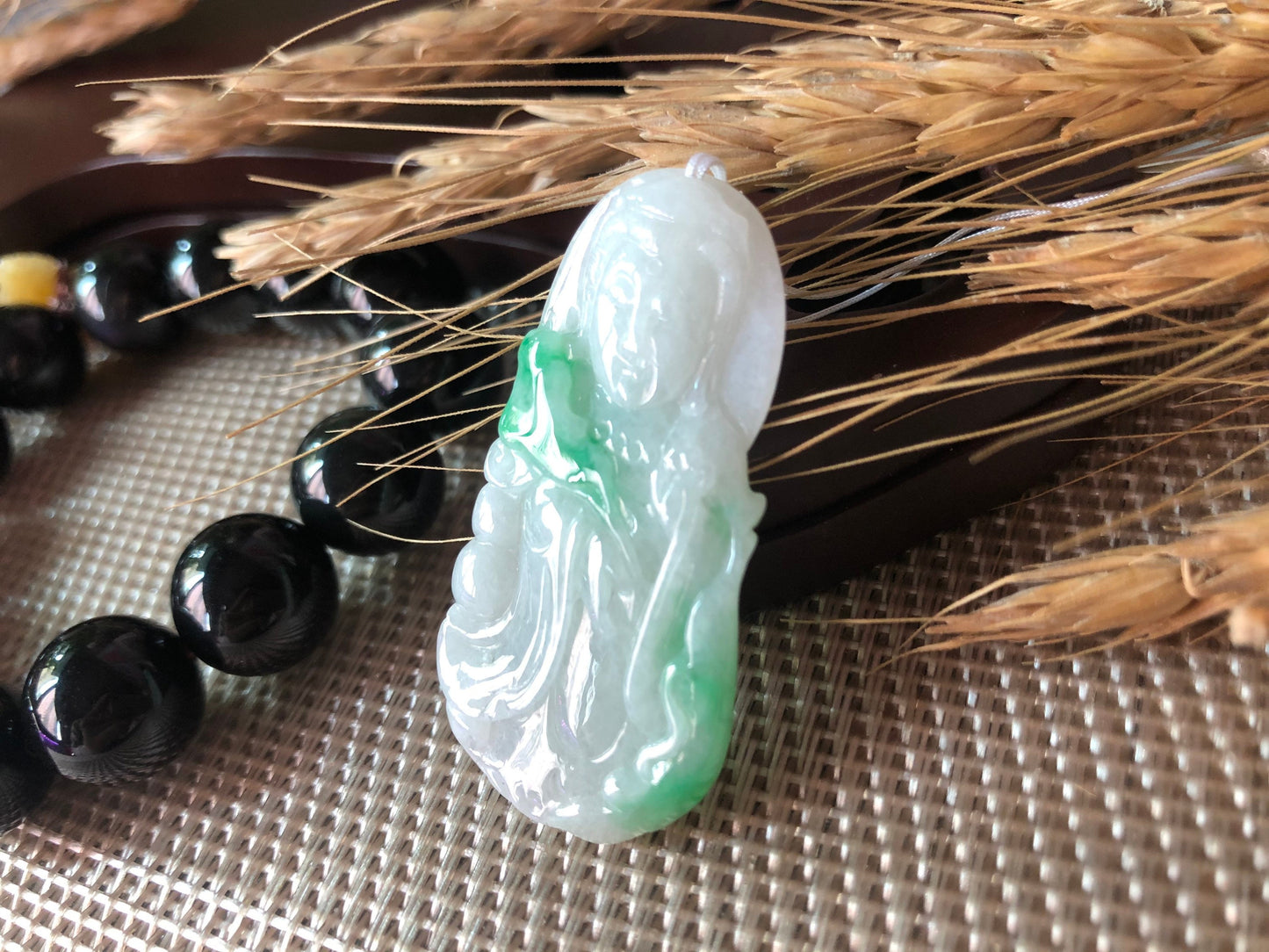 Green Jadeite Guan Yin Pendant - Meditation Buddha