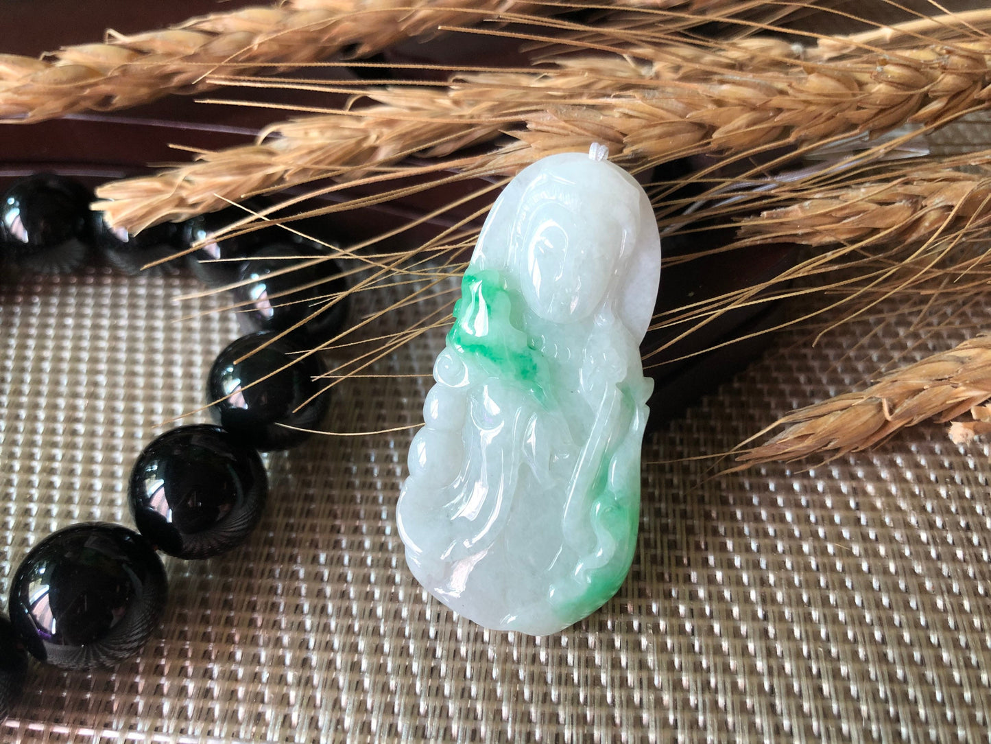 Green Jadeite Guan Yin Pendant - Meditation Buddha