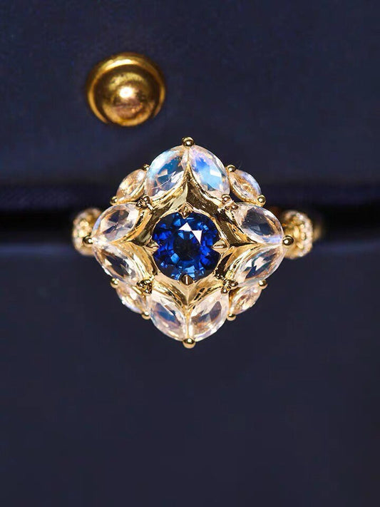 18k Gold Ring with Natural Sapphire and Moonstones