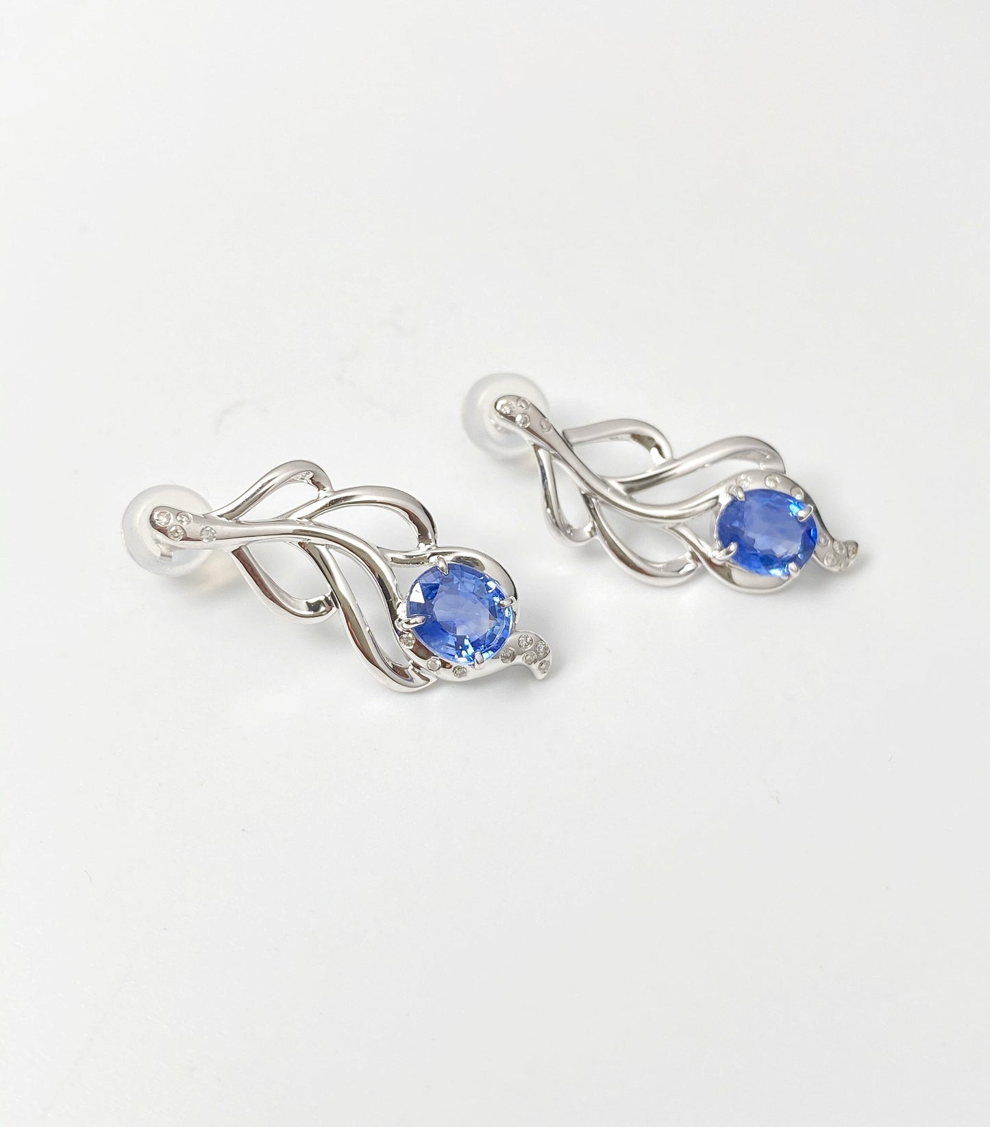 Blue Sapphire Diamond Feather Earrings in 18K White Gold