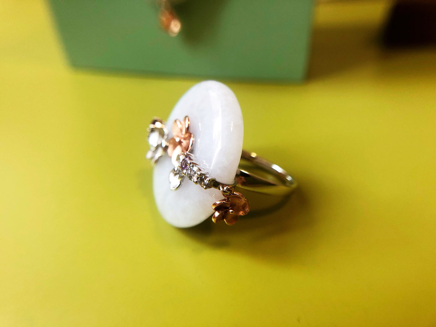 Natural Jade Donut Ring - 14K Bicolor Gold Floral Design