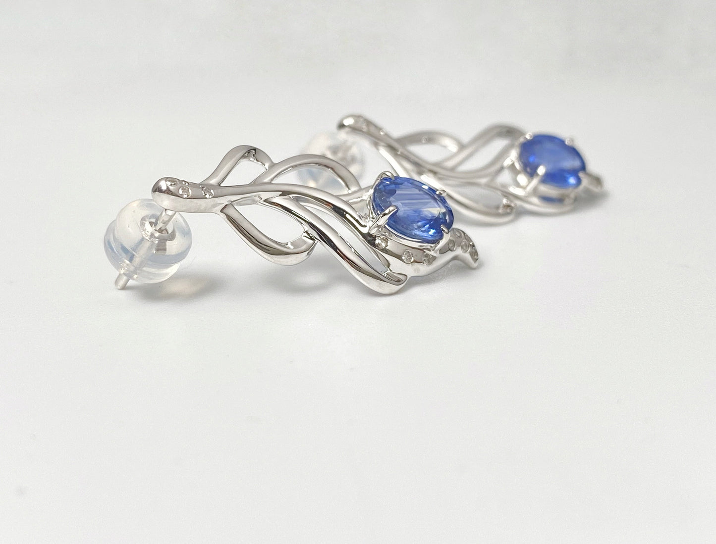 Blue Sapphire Diamond Feather Earrings in 18K White Gold