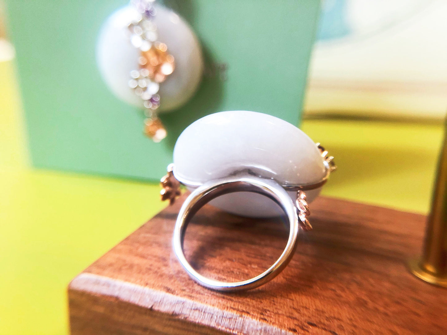 Natural Jade Donut Ring - 14K Bicolor Gold Floral Design