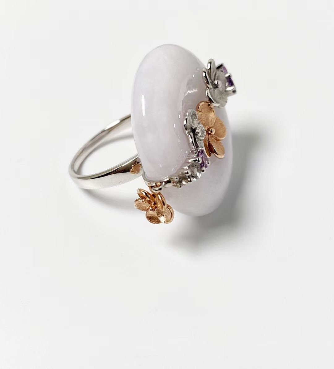 Natural Jade Donut Ring - 14K Bicolor Gold Floral Design