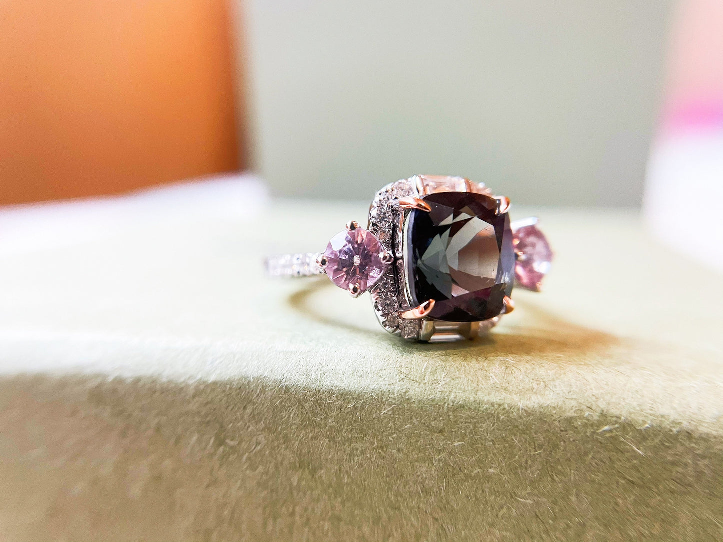 3.65 Ct Natural Myanmar Grey Spinel with Pink Spinels and Diamond 18K White Gold Ring