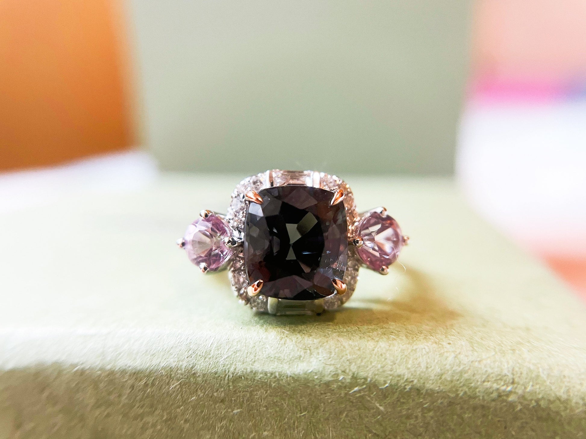 3.65 Ct Natural Myanmar Grey Spinel with Pink Spinels and Diamond 18K White Gold Ring