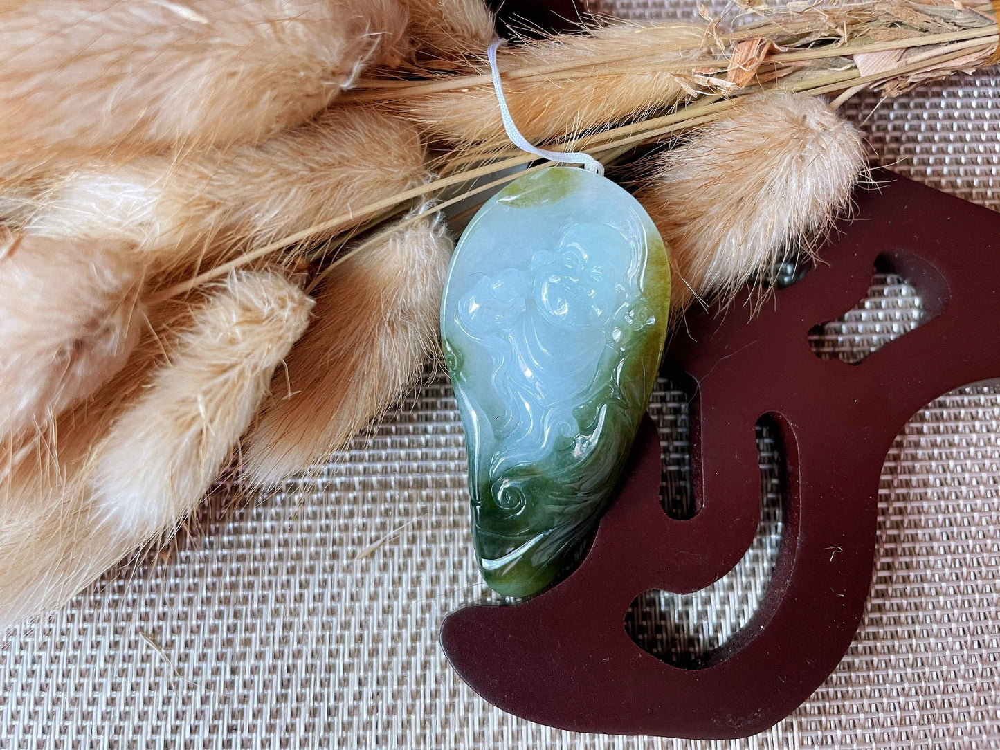 Icy Translucent Olive Green Jadeite Happy Buddha Pendant