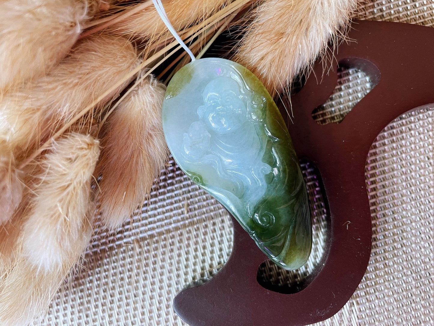 Icy Translucent Olive Green Jadeite Happy Buddha Pendant