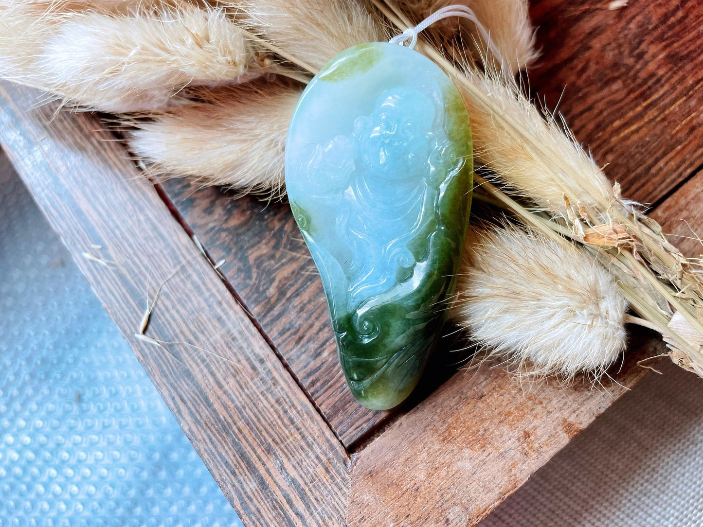 Icy Translucent Olive Green Jadeite Happy Buddha Pendant