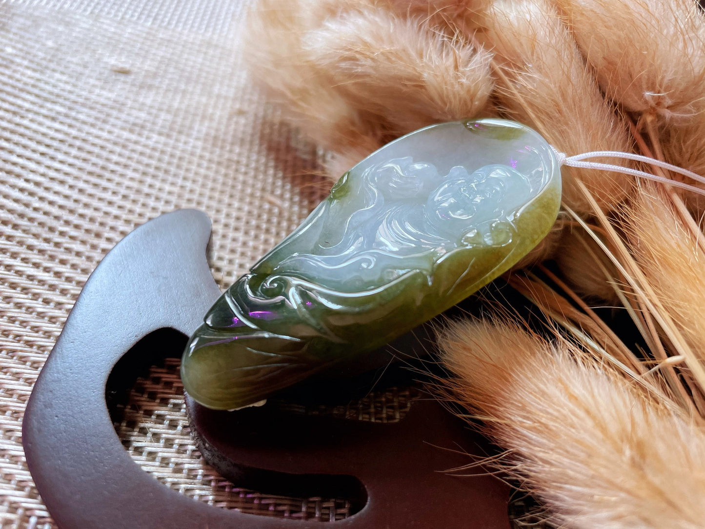 Icy Translucent Olive Green Jadeite Happy Buddha Pendant