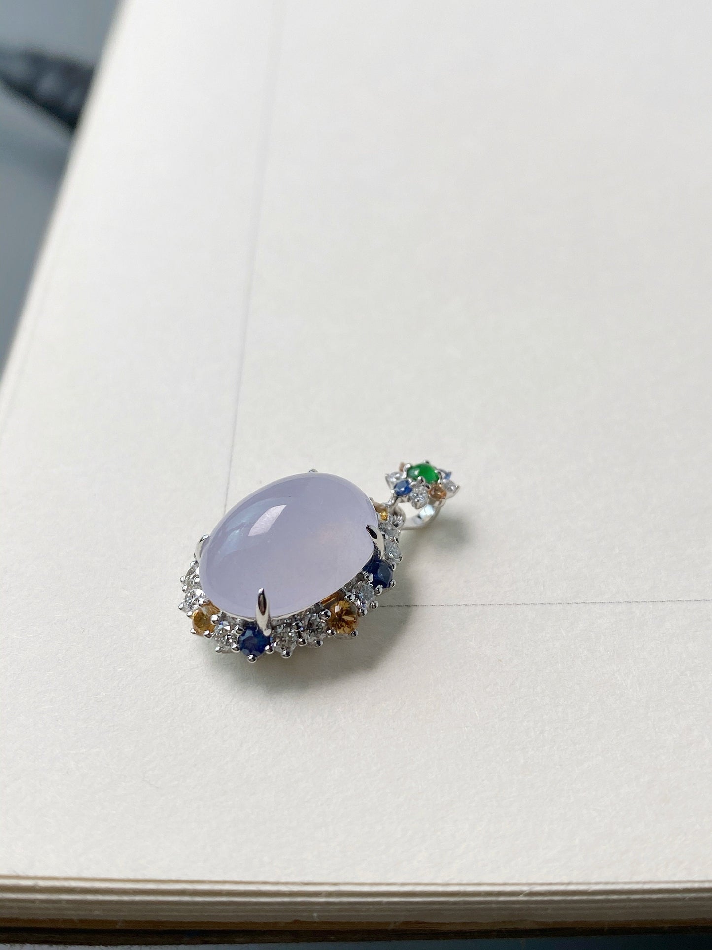 18K White Gold Lavender Icy Jadeite Pendant with Sapphire Diamond Accents