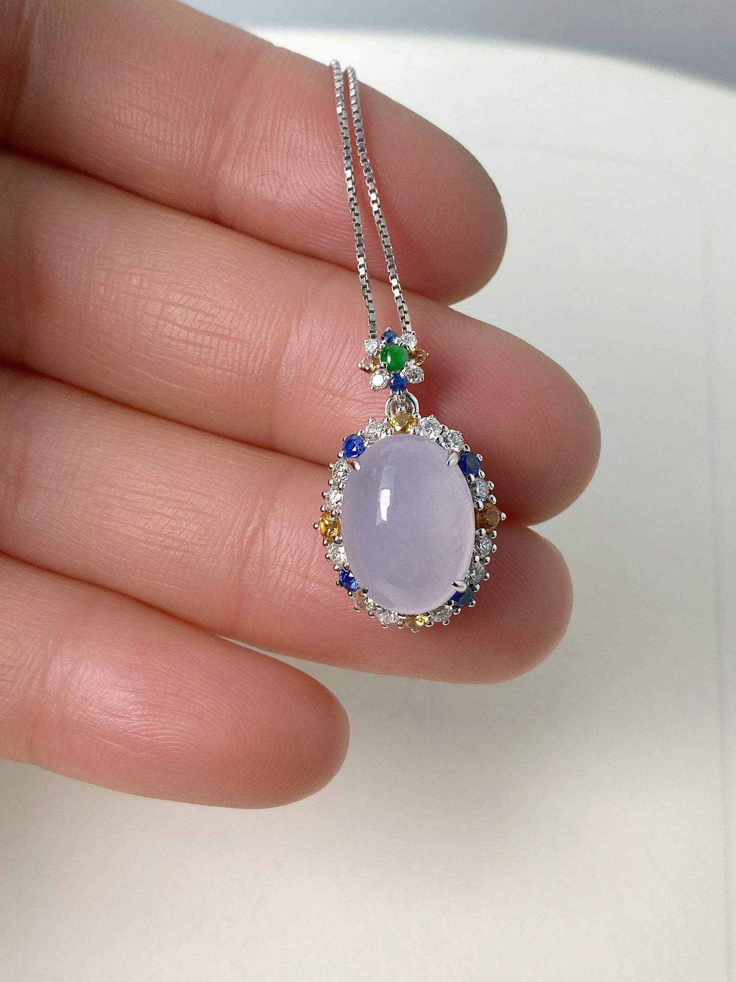 18K White Gold Lavender Icy Jadeite Pendant with Sapphire Diamond Accents