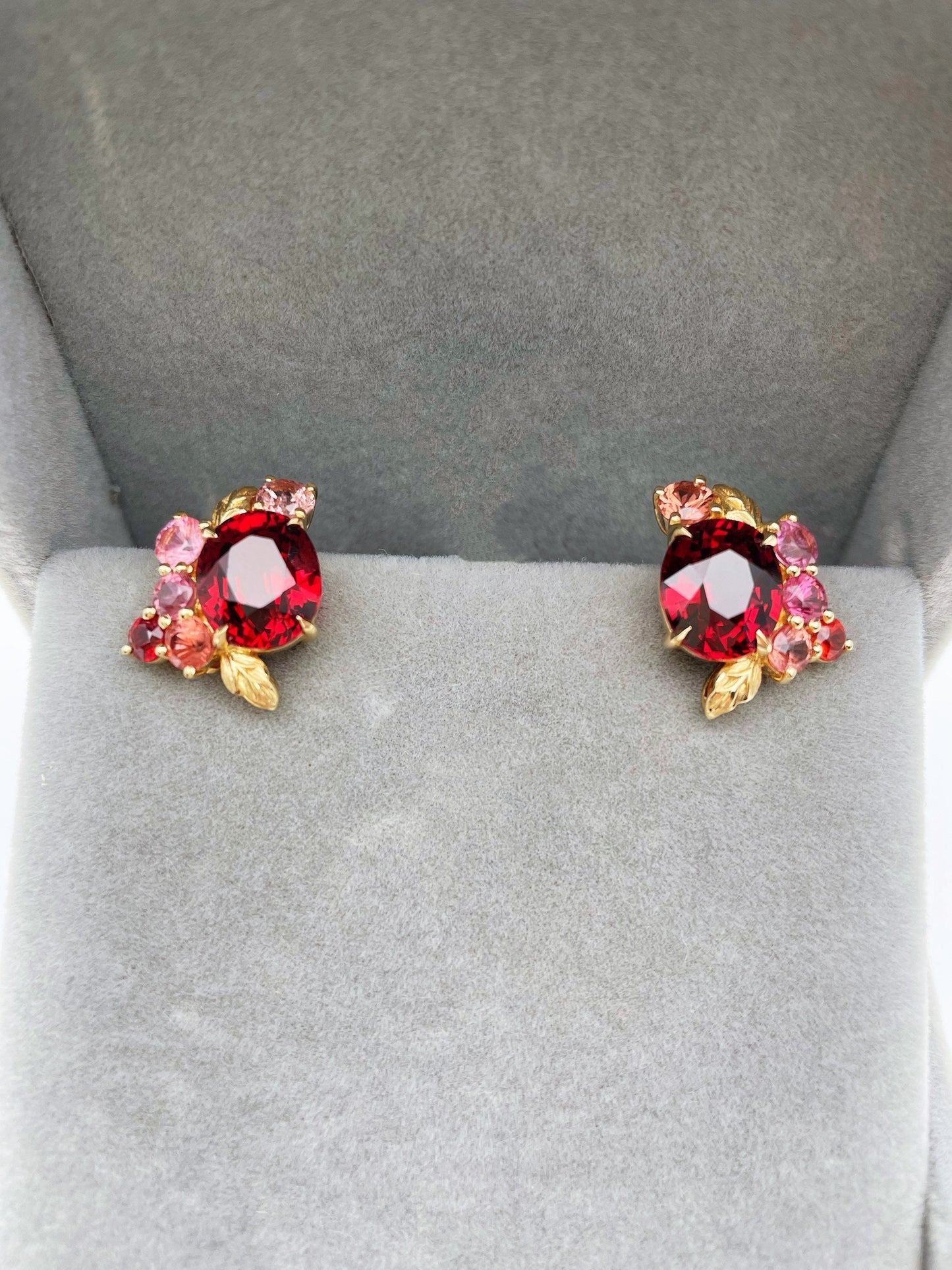 Red Garnet Spinel Earrings in 18K Yellow Gold Leafy Studs