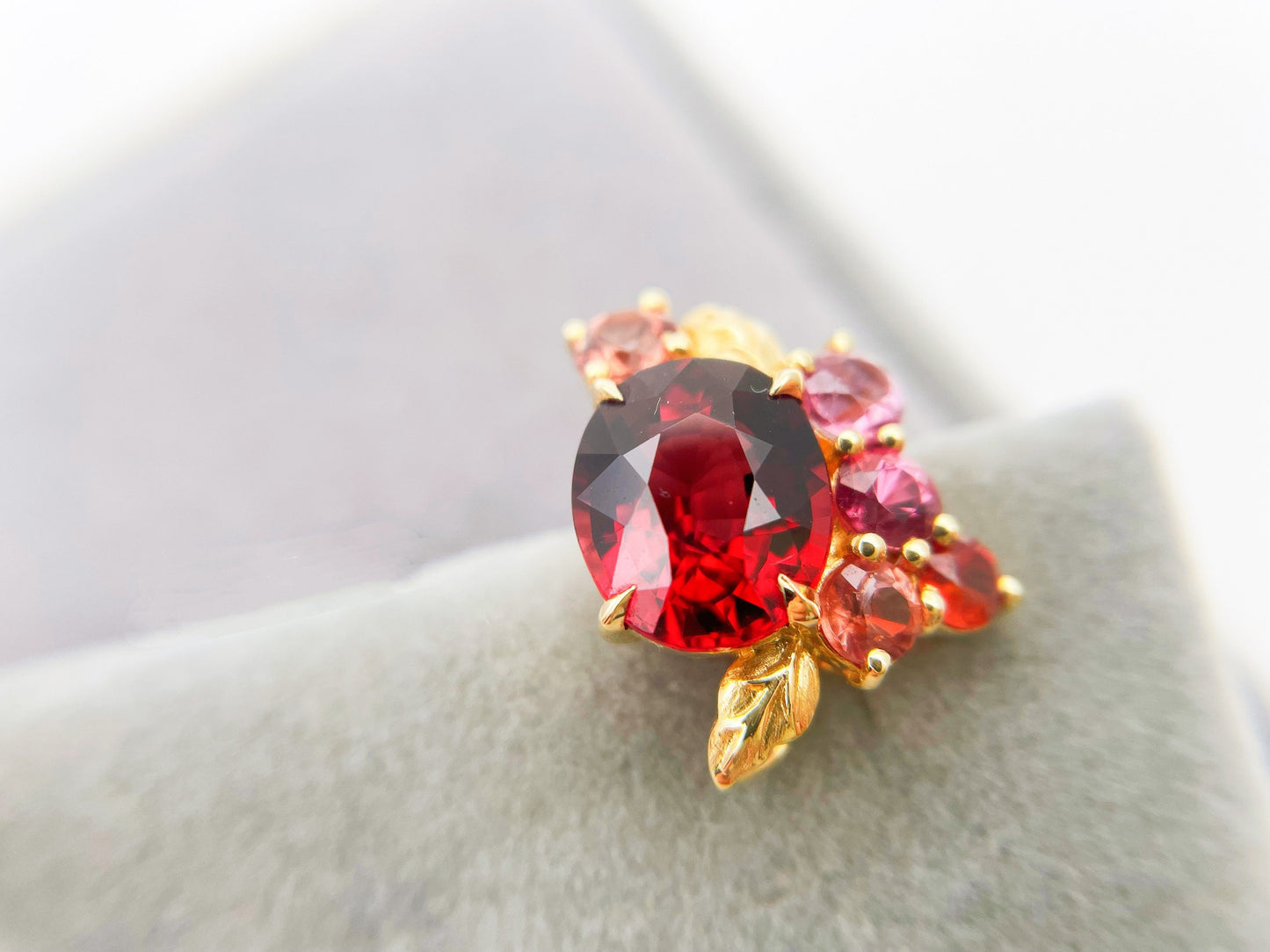 Red Garnet Spinel Earrings in 18K Yellow Gold Leafy Studs