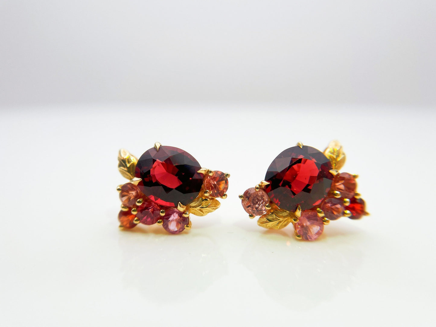 Red Garnet Spinel Earrings in 18K Yellow Gold Leafy Studs