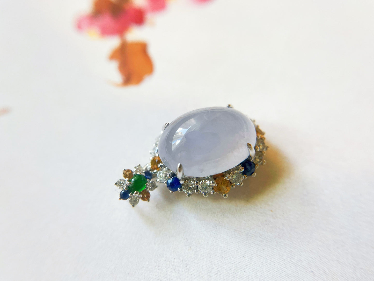 18K White Gold Lavender Icy Jadeite Pendant with Sapphire Diamond Accents