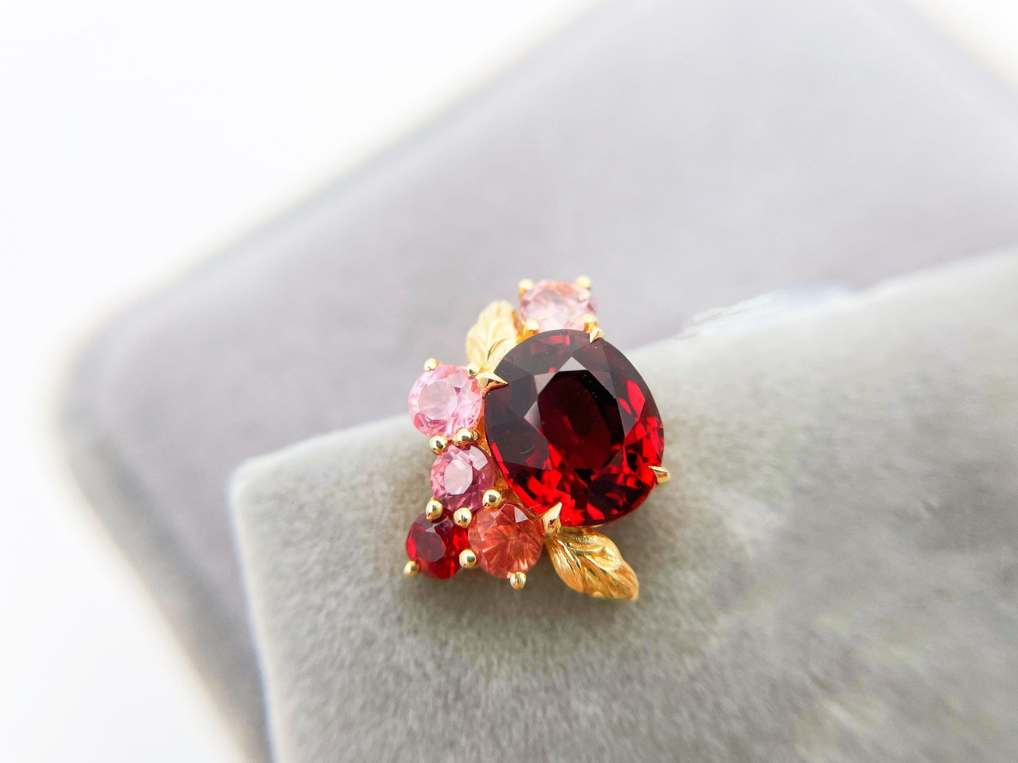 Red Garnet Spinel Earrings in 18K Yellow Gold Leafy Studs