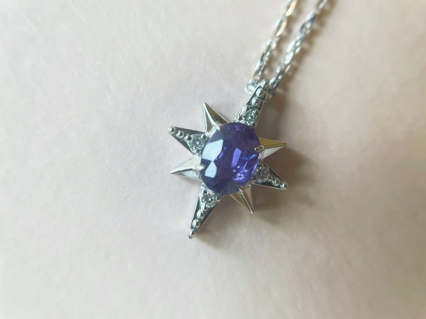 18K White Gold Star Pendant with Certified Mogok Purple Sapphire  Diamond