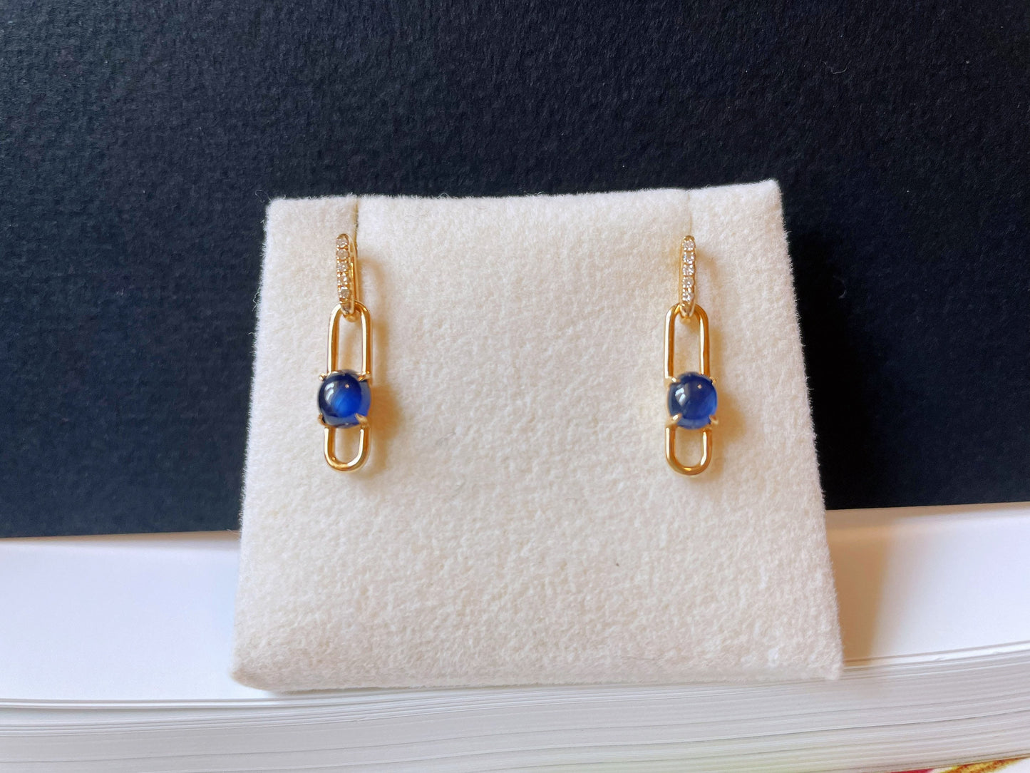 Blue Sapphire Cabochon  Diamond 18k Gold Earrings