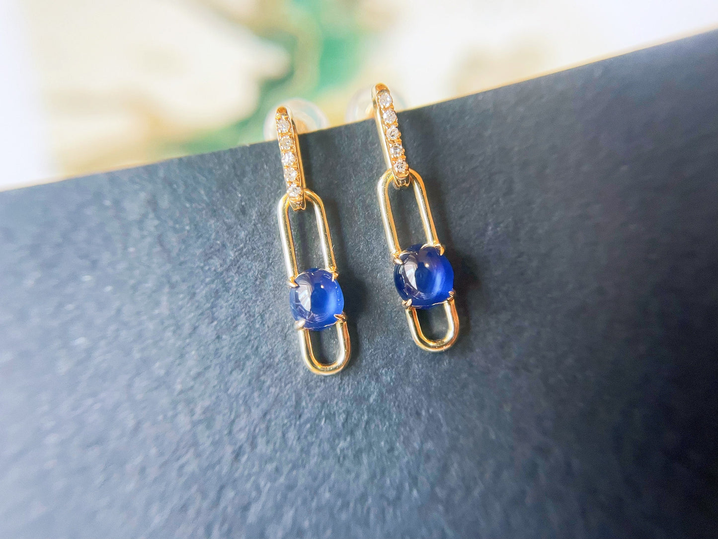 Blue Sapphire Cabochon  Diamond 18k Gold Earrings